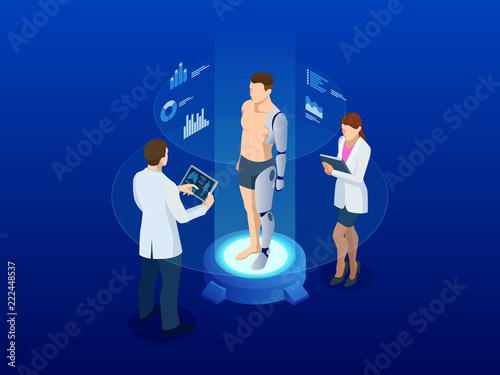 Isometric man with a prosthetic arm and leg. Modern Exoskeleton Prosthetic mechanism. Cyber prosthesis. White plastic or polymer material.