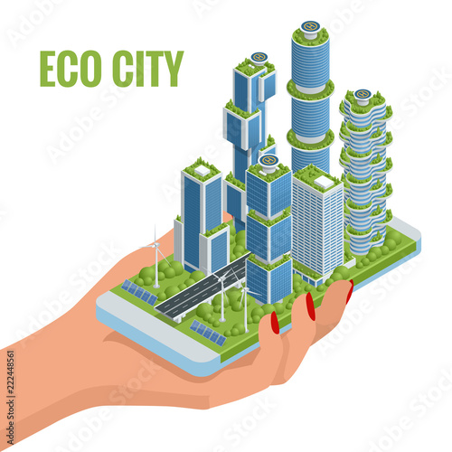 Isometric flat Eco-architecture. Green skyscraper building with plants growing on the facade in the phone. Ecology and green living in city, urban environment concept.
