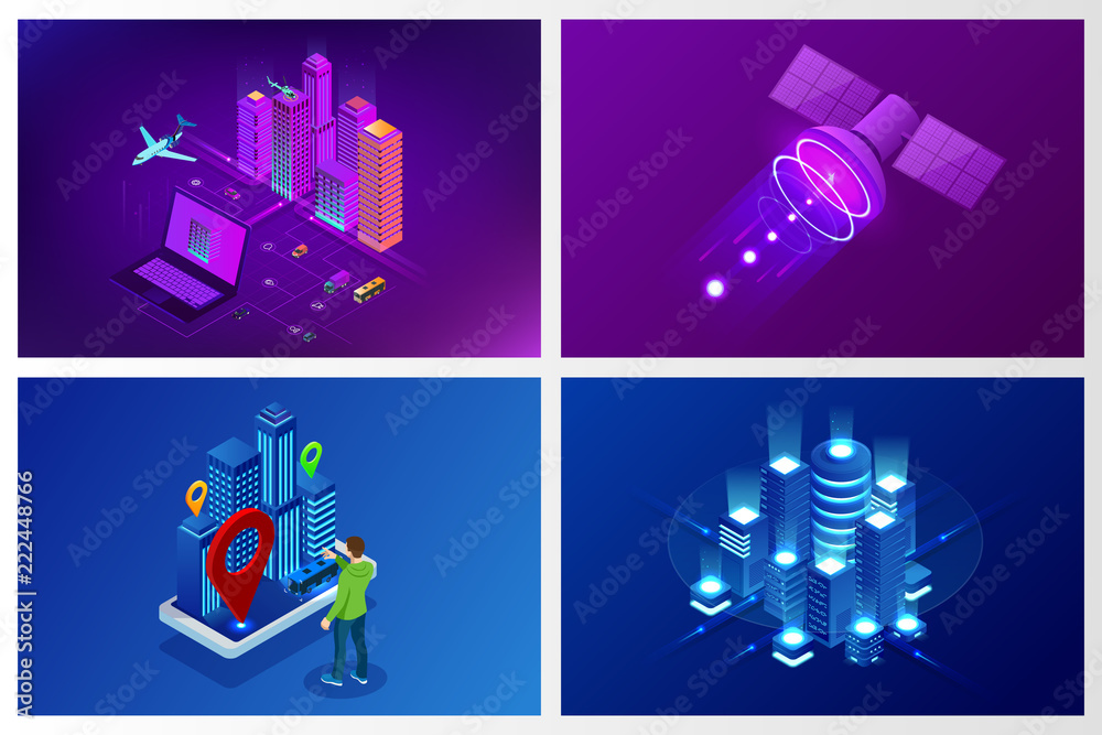 Isometric Modern city. Concept website template. Smart city with smart ...