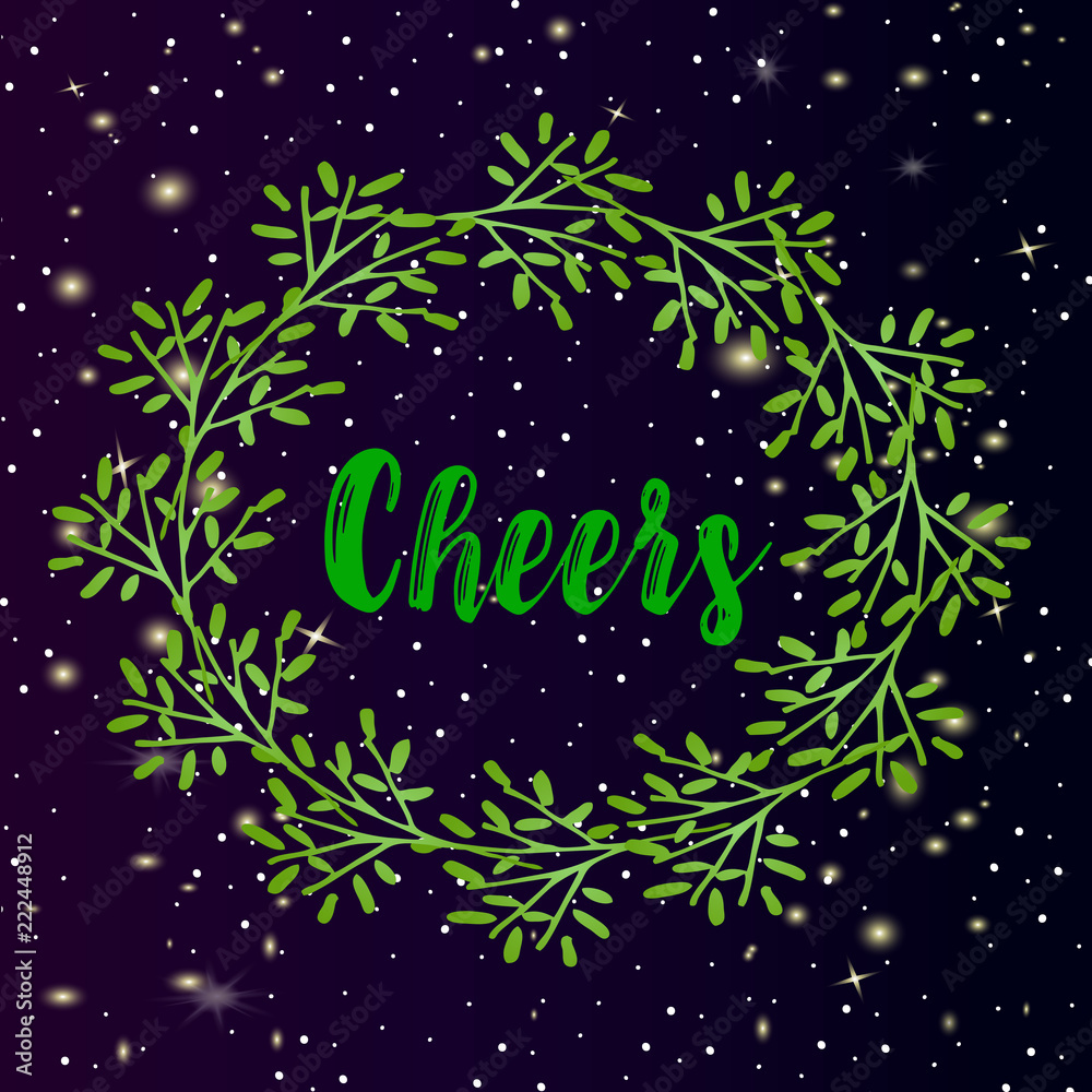 Fototapeta premium Christmas vector postcard - Christmas wreath and snow on a dark gradient ony with bokeh