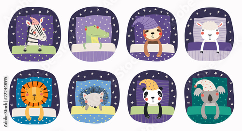 Set of cute funny sleeping animals in nightcap, with pillows, blankets. Isolated objects on white background. Hand drawn vector illustration. Scandinavian style flat design. Concept for children print