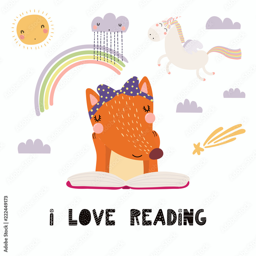 Hand drawn vector illustration of a cute funny fox reading a book, with  quote I love reading. Isolated objects on white background. Scandinavian  style flat design. Concept for children print. Stock Vector |