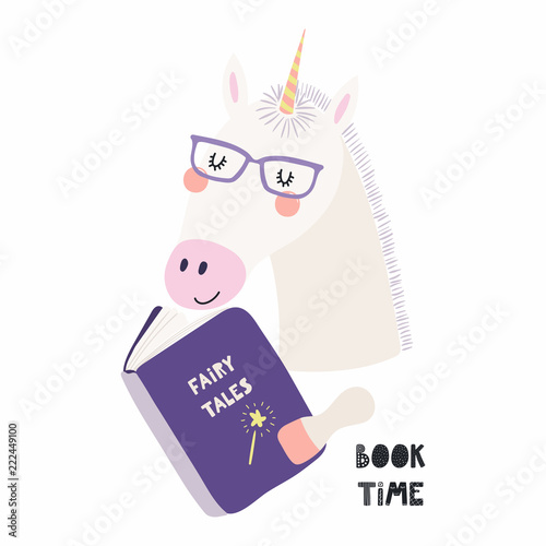 Hand drawn vector illustration of a cute funny unicorn reading a book, with quote Book time. Isolated objects on white background. Scandinavian style flat design. Concept for children print.