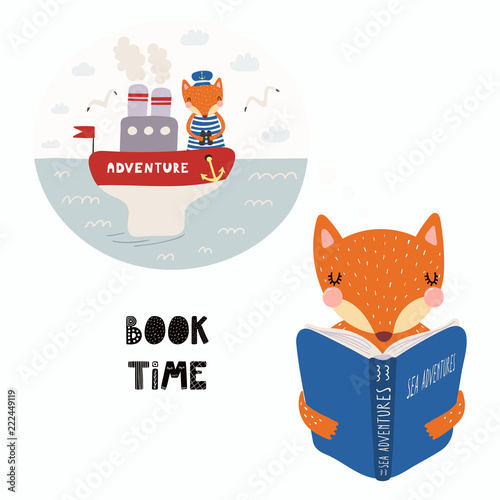 Hand drawn vector illustration of a cute funny fox reading a book, with quote Book time. Isolated objects on white background. Scandinavian style flat design. Concept for children print.