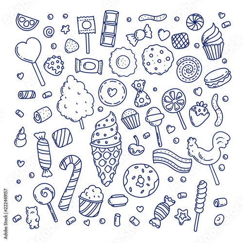 Huge set of cartoon doodle form candies and sweets.