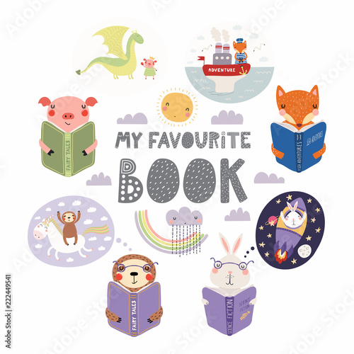 Set of cute funny animals with books, bunny, sloth, fox, pig, with quote. Isolated objects on white background. Hand drawn vector illustration. Scandinavian style flat design. Concept children print.