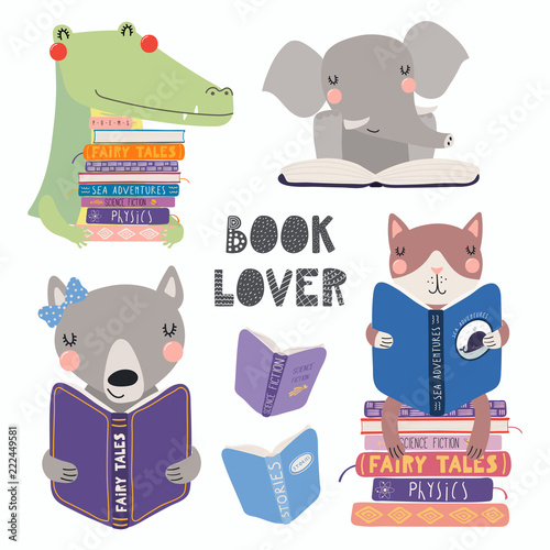 Set of cute funny animals with books, cat, wolf, crocodile, elephant, with quote. Isolated objects on white. Hand drawn vector illustration. Scandinavian style flat design. Concept for children print.