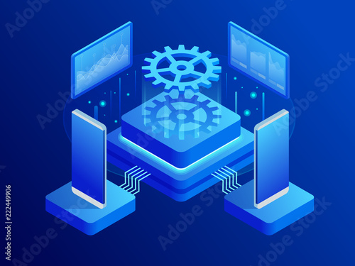 Isometric Digital Technology or Mobile Phone Review. Interface technology, the future of user experience. Vector illustration