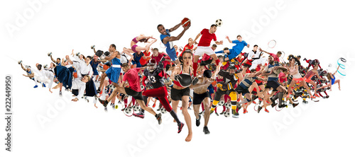 Attack. Sport collage about kickboxing, soccer, american football, basketball, ice hockey, badminton, taekwondo, aikido, tennis, rugby players and gymnast isolated on blue background with copy space