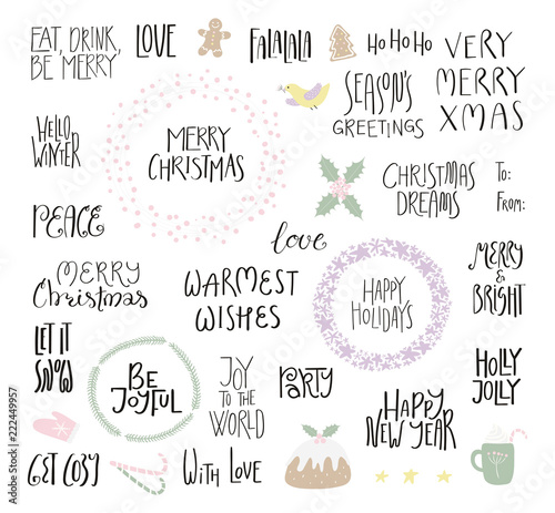 Big set of Christmas lettering quotes, with frames, elements. Isolated objects on white background. Hand drawn vector illustration. Flat style design. Concept for Christmas card, invite.