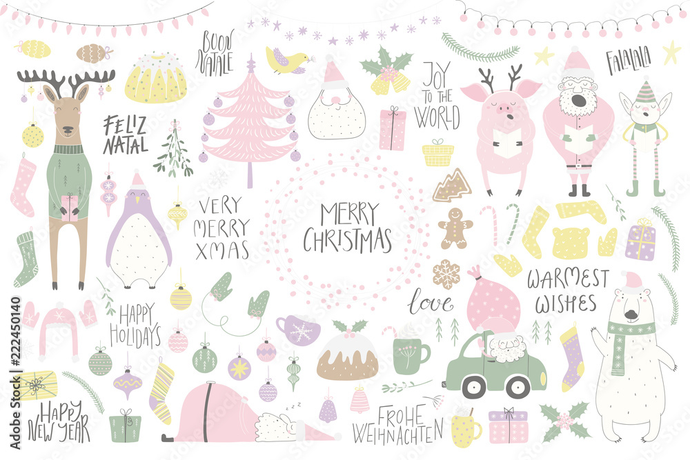 Big Christmas set with funny characters bear, penguin, reindeer, pig, Santa, elf, tree, food, quotes. Isolated objects on white. Hand drawn vector illustration. Flat style design. Concept card invite Big Christmas set with funny characters bear, penguin, reindeer, pig, Santa, elf, tree, food, quotes. Isolated objects on white. Hand drawn vector illustration. Flat style design. Concept card invite
