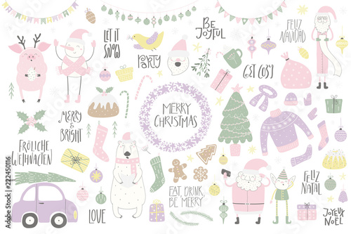 Big Christmas set with funny characters polar bear, pig, Santa, elf, snowman, tree, food, quotes. Isolated objects on white. Hand drawn vector illustration. Flat style design. Concept for card, invite