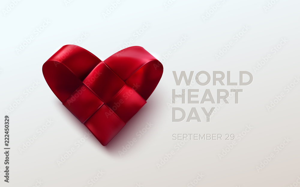 Realistic satin ribbon woven heart with World Heart Day text label. Vector health care illustration. Medical awareness day concept