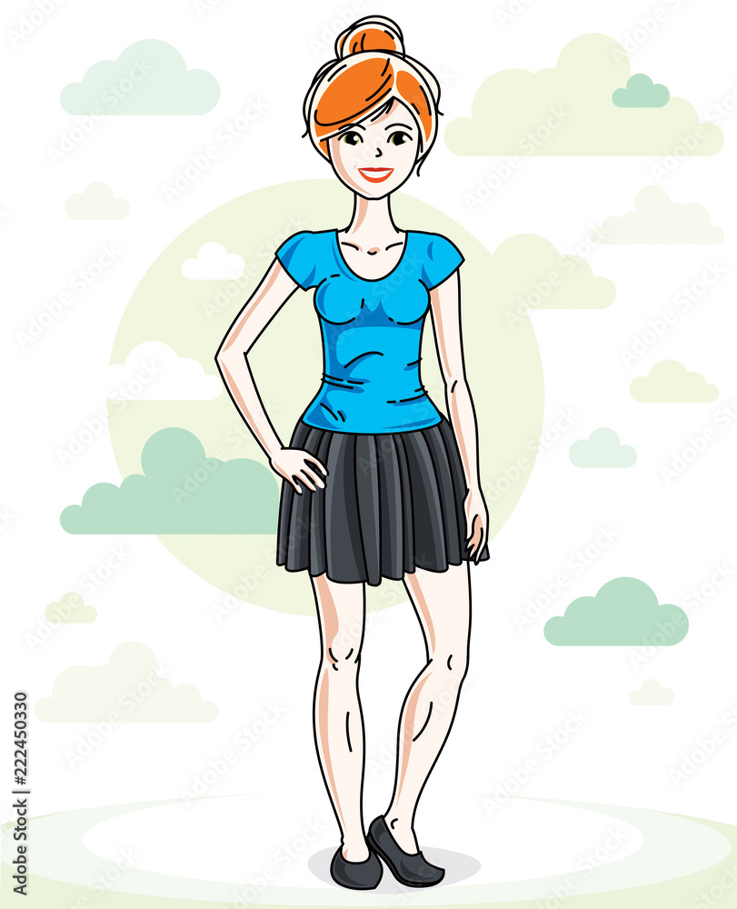 Beautiful young red-haired woman standing on background with blue heavens clouds and wearing fashionable casual clothes. Vector human illustration. Beautiful young red-haired woman standing on background with blue heavens clouds and wearing fashionable casual clothes. Vector human illustration.