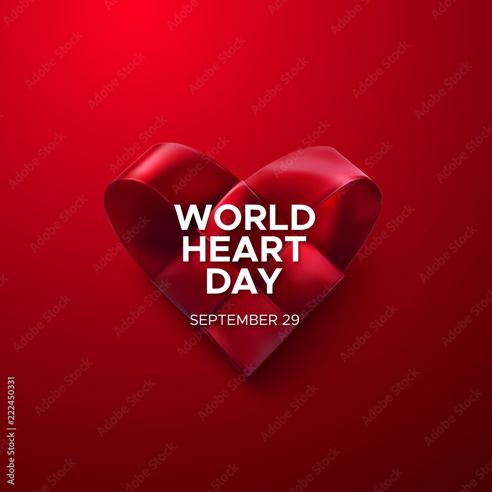 Realistic satin ribbon woven heart with World Heart Day text label. Vector health care illustration. Medical awareness day concept