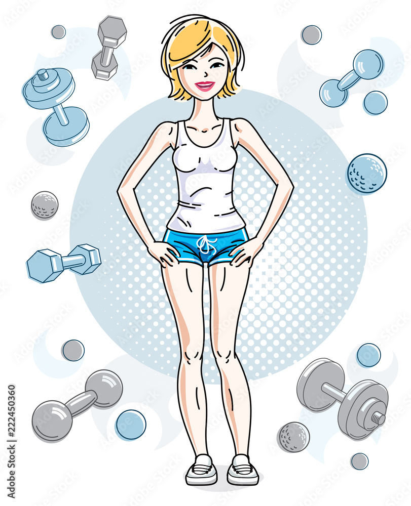 Young beautiful blonde sporty woman standing on simple background with dumbbells and barbells. Vector character wearing shorts and T-shirt. Sport and fitness theme. Young beautiful blonde sporty woman standing on simple background with dumbbells and barbells. Vector character wearing shorts and T-shirt. Sport and fitness theme.