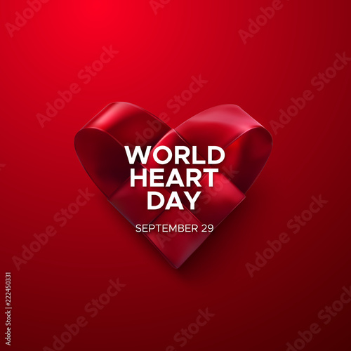 Realistic satin ribbon woven heart with World Heart Day text label. Vector health care illustration. Medical awareness day concept