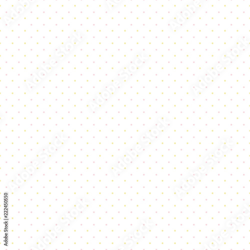 Seamless repeat pattern with pink and yellow polka dots, on a white background. Hand drawn vector illustration. Flat style design. Concept for Christmas textile print, wallpaper, wrapping paper.