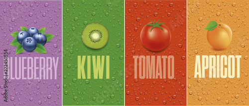 blueberry, kiwi, tomato, apricot with many juice drops 