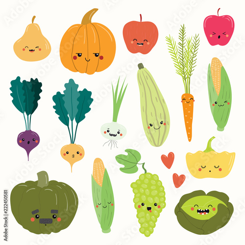 Big set of cute funny fruits and vegetables with kawaii faces. Isolated objects on white background. Hand drawn vector illustration. Flat style design. Concept for autumn harvest, healthy food.