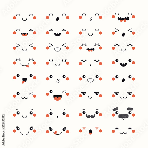 Set of kawaii funny emoticons in Japanese anime, manga style . Isolated objects on white background. Hand drawn doodle vector illustration. Design concept for avatar, smiley, sticker.