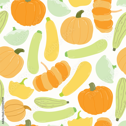 Seamless repeat pattern with different squash and pumpkins. Hand drawn vector illustration. Flat style design. Concept for autumn harvest, healthy eating, textile print, wallpaper, wrapping paper.