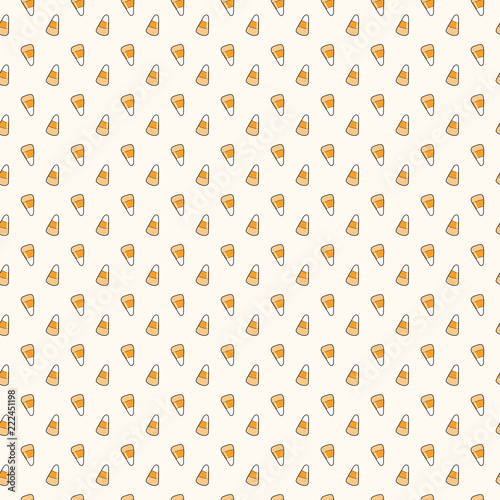 Seamless repeat pattern with corn candy on white. Hand drawn vector illustration. Line drawing. Design concept for Halloween party, textile print, wallpaper, wrapping paper.