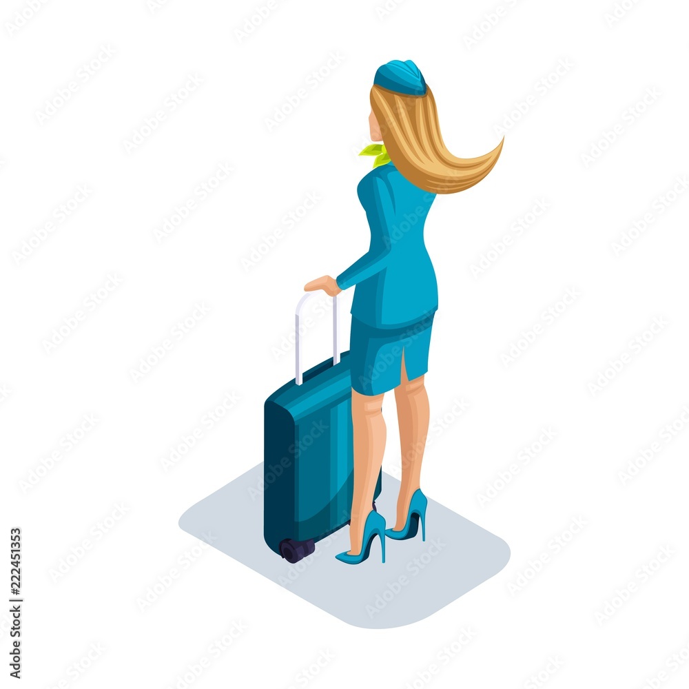 Isometric girl stewardess with things and suitcase stands at the airport, waiting for her flight. Rear view, uniform shoes Isometric girl stewardess with things and suitcase stands at the airport, waiting for her flight. Rear view, uniform shoes