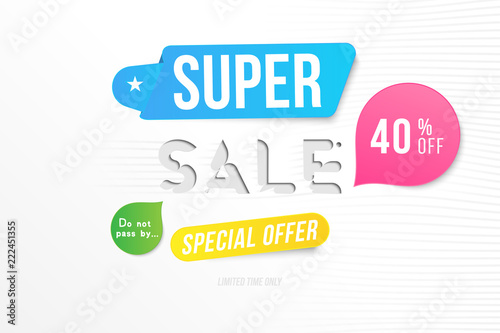 Super sale 40 off discount. Banner template for design advertising and poster with colors elements on white background. Flat vector illustration EPS 10
