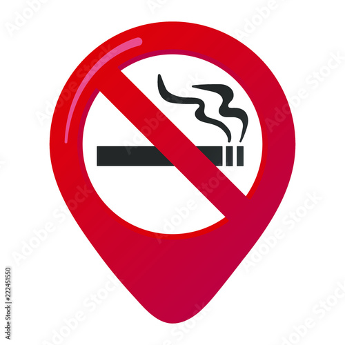 No smoking area marker map pin icon sign with flat design gradient styled cigarette in the prohibited forbidden red circle. Symbol of the no smoking area in the map apps isolated on white background