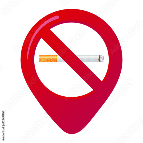 No smoking area marker map pin icon sign 3d realistic gradient styled cigarette in the prohibited forbidden red circle. Symbol of the no smoking area in the map apps isolated on white background