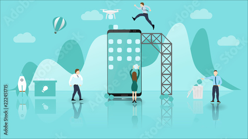 Mobile Application Development Concept with Big Phone and Little People. Experienced Teamwork and Collaboration. Usable for Website, Poster, Presentation Templates.