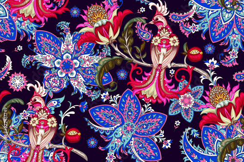 Seamless pattern with embroidery paradise bird 
