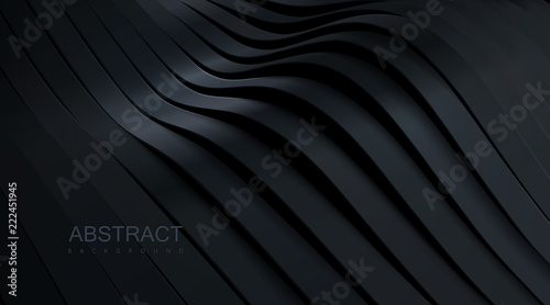 Black wavy stripes background. Abstract papercut decoration. 3d topography relief. Vector realistic illustration. Modern cover layout template. Architectural concept