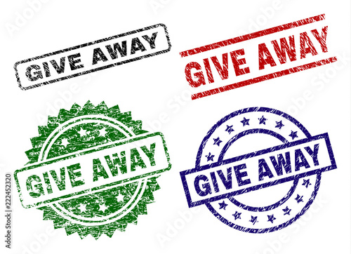 GIVE AWAY seal prints with damaged style. Black, green,red,blue vector rubber prints of GIVE AWAY text with unclean style. Rubber seals with circle, rectangle, medal shapes.