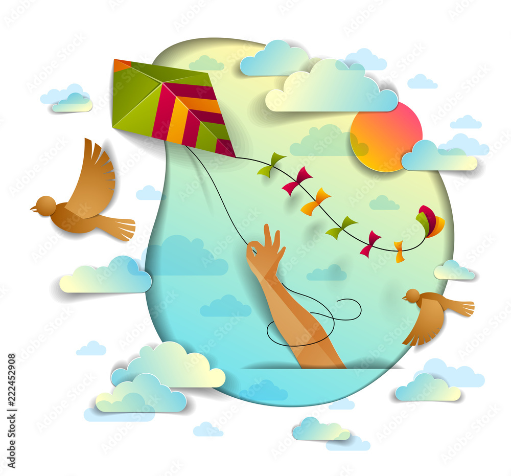 Obraz premium Hand holding kite over cloudy sky birds flying and sun, freedom and easiness emotional concept, vector modern style paper cut 3d illustration.