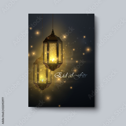 Eid al Fitr. Eid Mubarak. Vector islamic religious illustration of glowing lanterns with sparkles and stars. Muslim holy month Ramadan poster design. Holiday poster