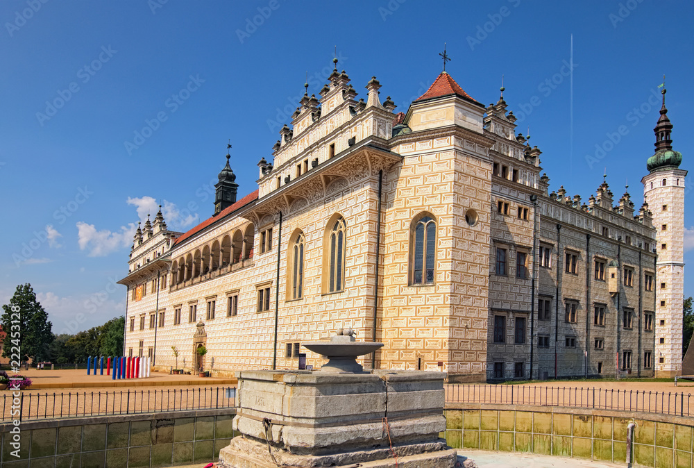 Beautiful Litomysl Castle by sunny day. One of the largest Renaissance castles in the Czech Republic. A UNESCO World Heritage Site. Sgraffito painting in the walls. Litomysl, Czech Republic