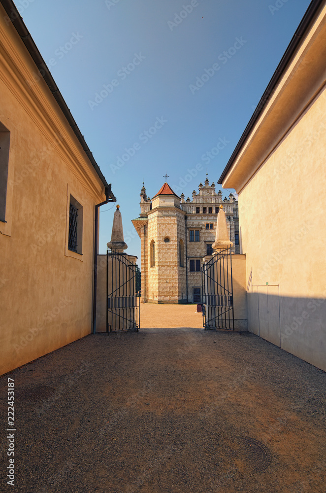 Beautiful buildings in Litomysl Castle shot with perspective. It is one of the largest Renaissance castles in the Czech Republic. A UNESCO World Heritage Site. Litomysl, Czech Republic