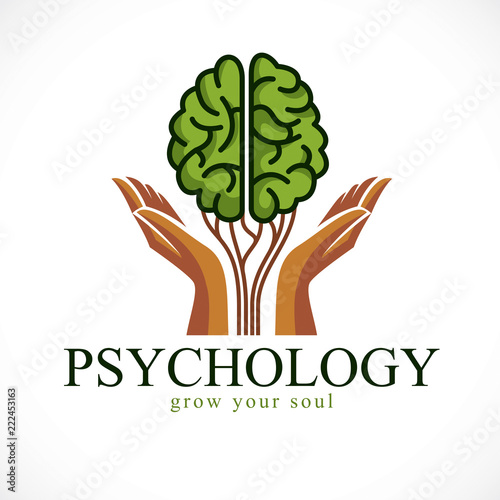 Mental health and psychology concept, vector icon or logo design. Human anatomical brain in a shape of green tree with tender guarding hands, growth and heyday of personality and individuality.