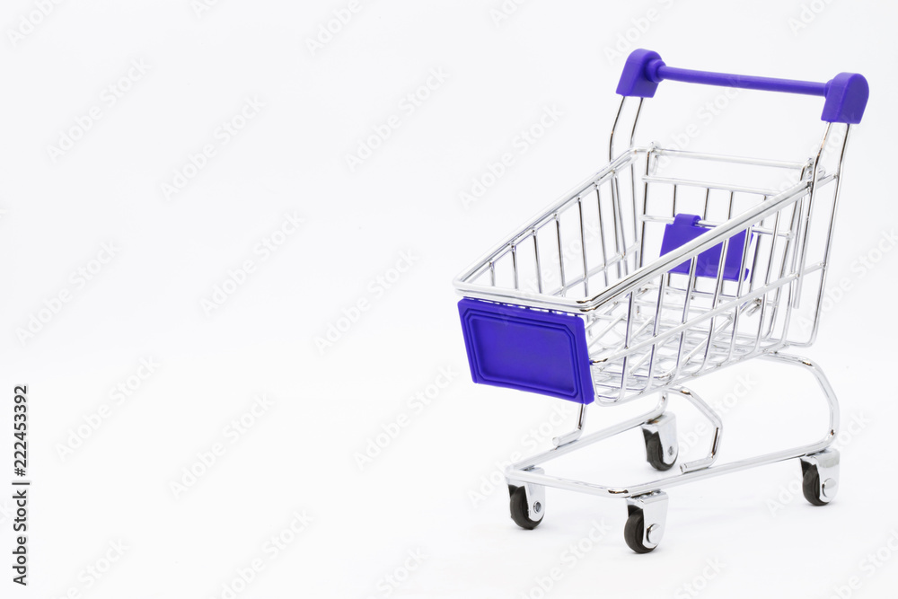 Empty grocery hand cart Shopping cart color red, Mini Supermarket Car Isolated On White Background