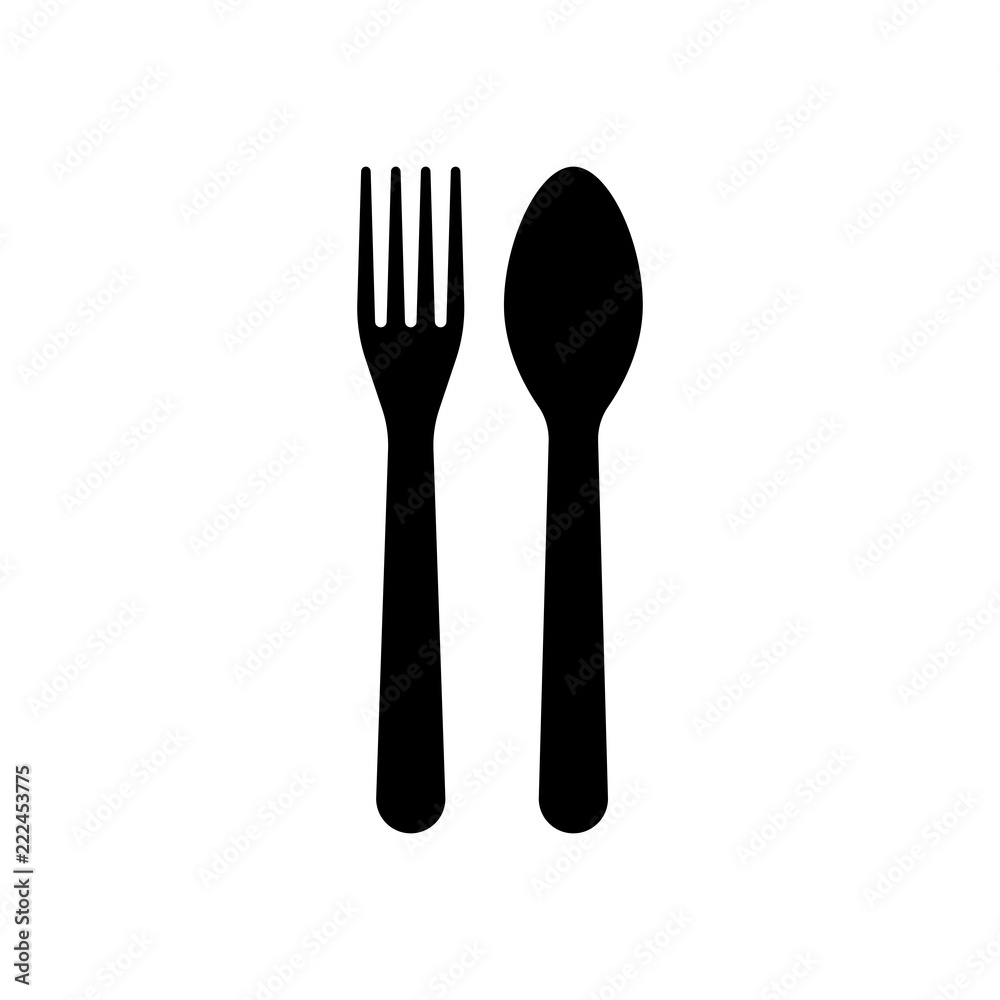 Fork and spoon, icon. Kitchen tools. Black on white background Fork and spoon, icon. Kitchen tools. Black on white background