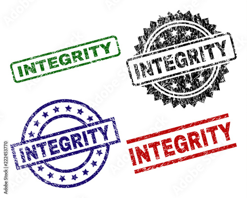 INTEGRITY seal prints with damaged surface. Black, green,red,blue vector rubber prints of INTEGRITY tag with retro surface. Rubber seals with circle, rectangle, medal shapes.