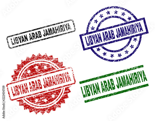 LIBYAN ARAB JAMAHIRIYA seal prints with distress style. Black, green,red,blue vector rubber prints of LIBYAN ARAB JAMAHIRIYA tag with unclean style. Rubber seals with circle, rectangle, photo