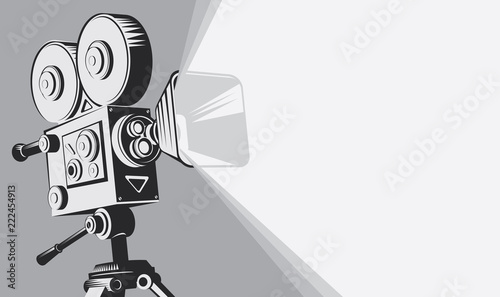Vector black and white background with lighting old fashioned movie camera on the tripod. Can used for banner, poster, web page, background