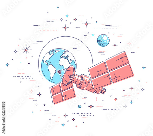 Communication satellite flying orbital spaceflight around earth, spacecraft space station with solar panels and satellite antenna plate, surrounded by stars and other elements. Vector.