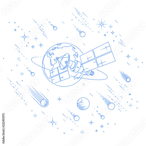 Communication satellite flying orbital spaceflight around earth, spacecraft space station with solar panels and satellite antenna plate, under meteor rain and stars. Vector.