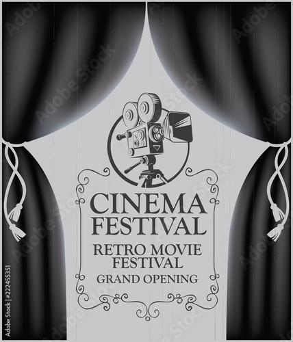 Vector cinema festival poster with black Curtains and retro movie camera. Movie background with words Retro movie, Grand opening. Can be used for banner, poster, web page, background