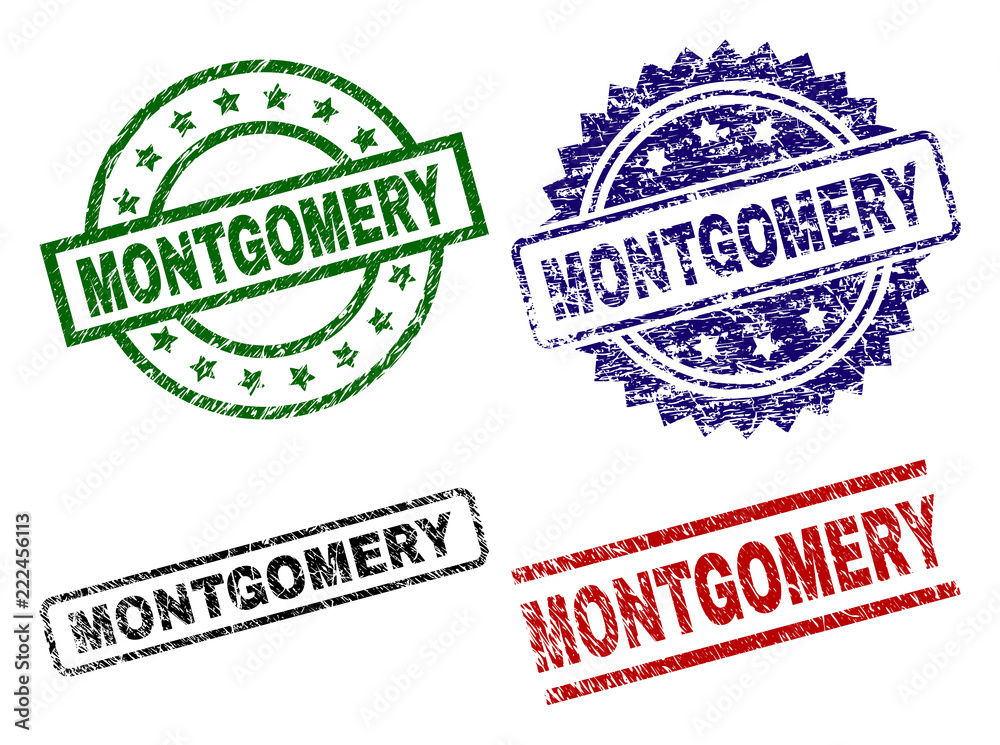 MONTGOMERY seal prints with distress surface. Black, green,red,blue vector rubber prints of MONTGOMERY label with dirty surface. Rubber seals with round, rectangle, rosette shapes. MONTGOMERY seal prints with distress surface. Black, green,red,blue vector rubber prints of MONTGOMERY label with dirty surface. Rubber seals with round, rectangle, rosette shapes.