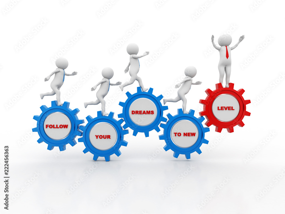 3d people - man, person running in gear wheels, Follow your dreams to new Level 3d people - man, person running in gear wheels, Follow your dreams to new Level